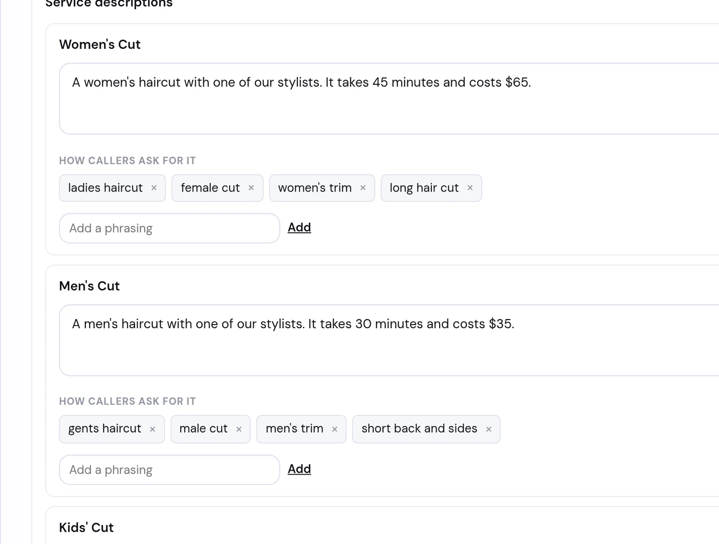 Service descriptions with the phrasings callers use for each one shown as removable chips
