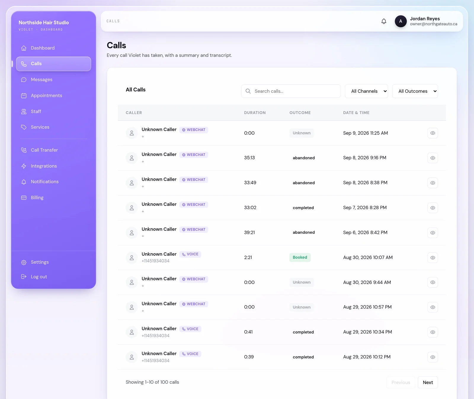 The calls page: every conversation with channel, duration, outcome and time, one marked Booked