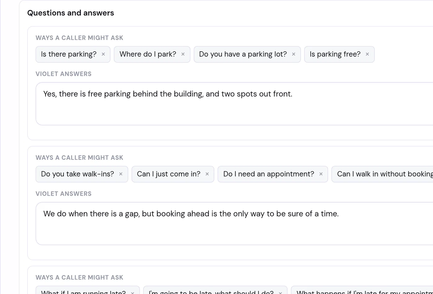 A generated question with the ways a caller might ask it, and Violet's answer underneath