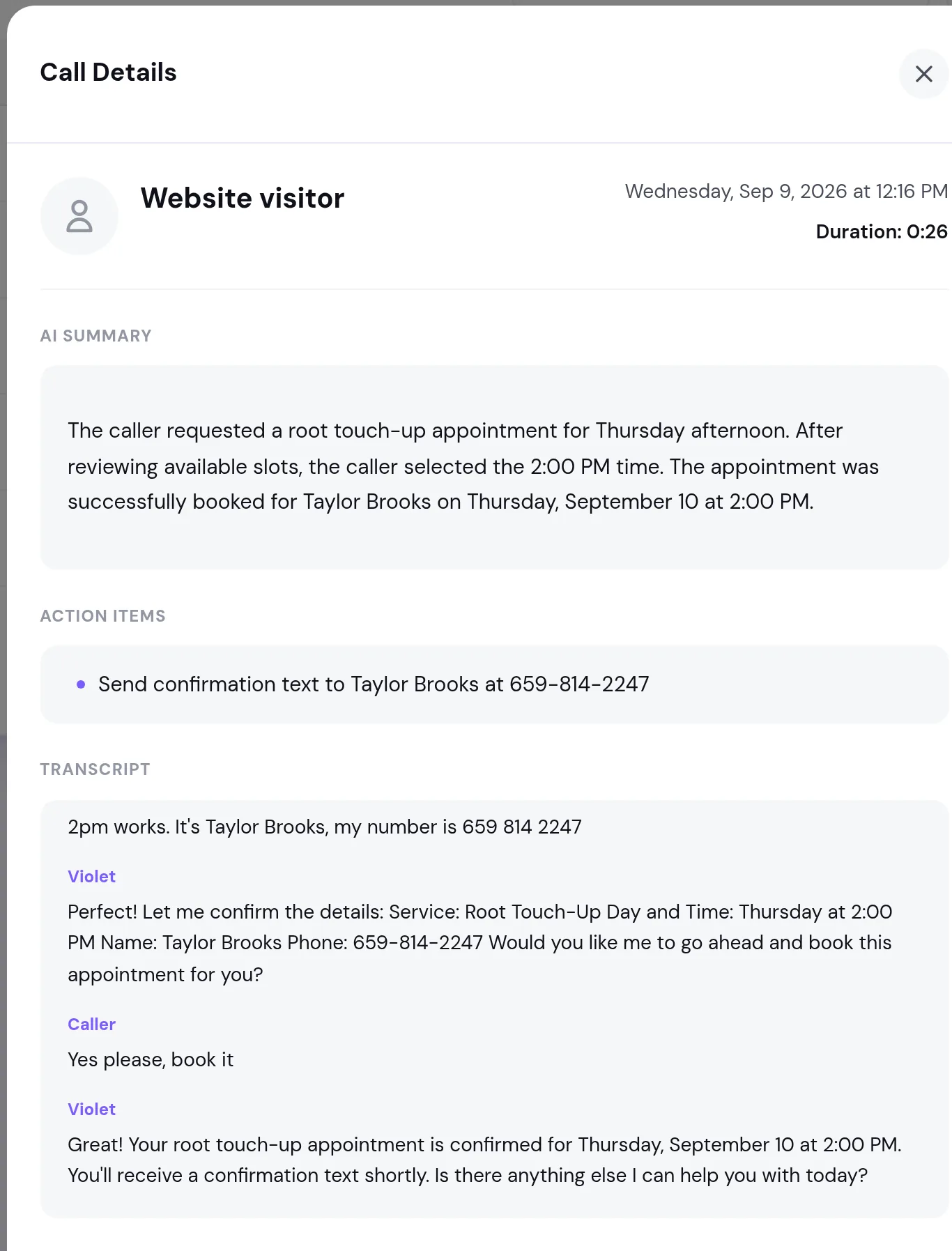 Call details for a webchat: the summary, the follow-up item, and the transcript where Violet offers three times, reads the booking back and confirms it