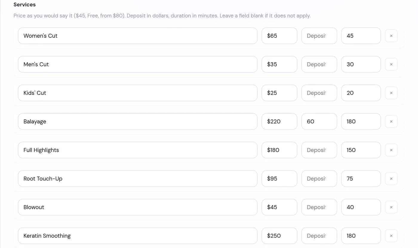 The services list in setup: each service with its price, deposit and duration