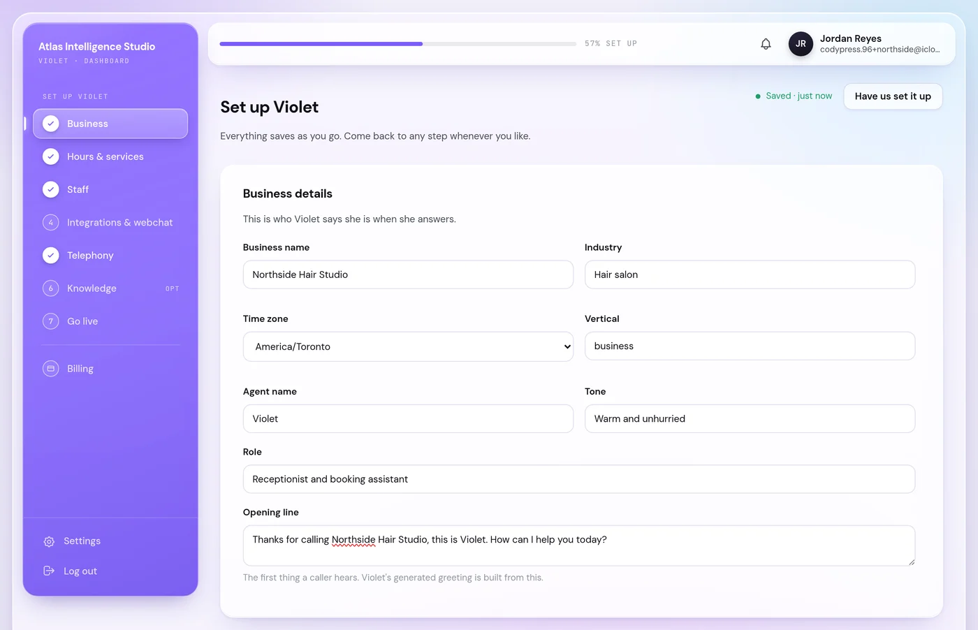 Setup step 1, business details: name, industry, time zone, agent name, tone and opening line